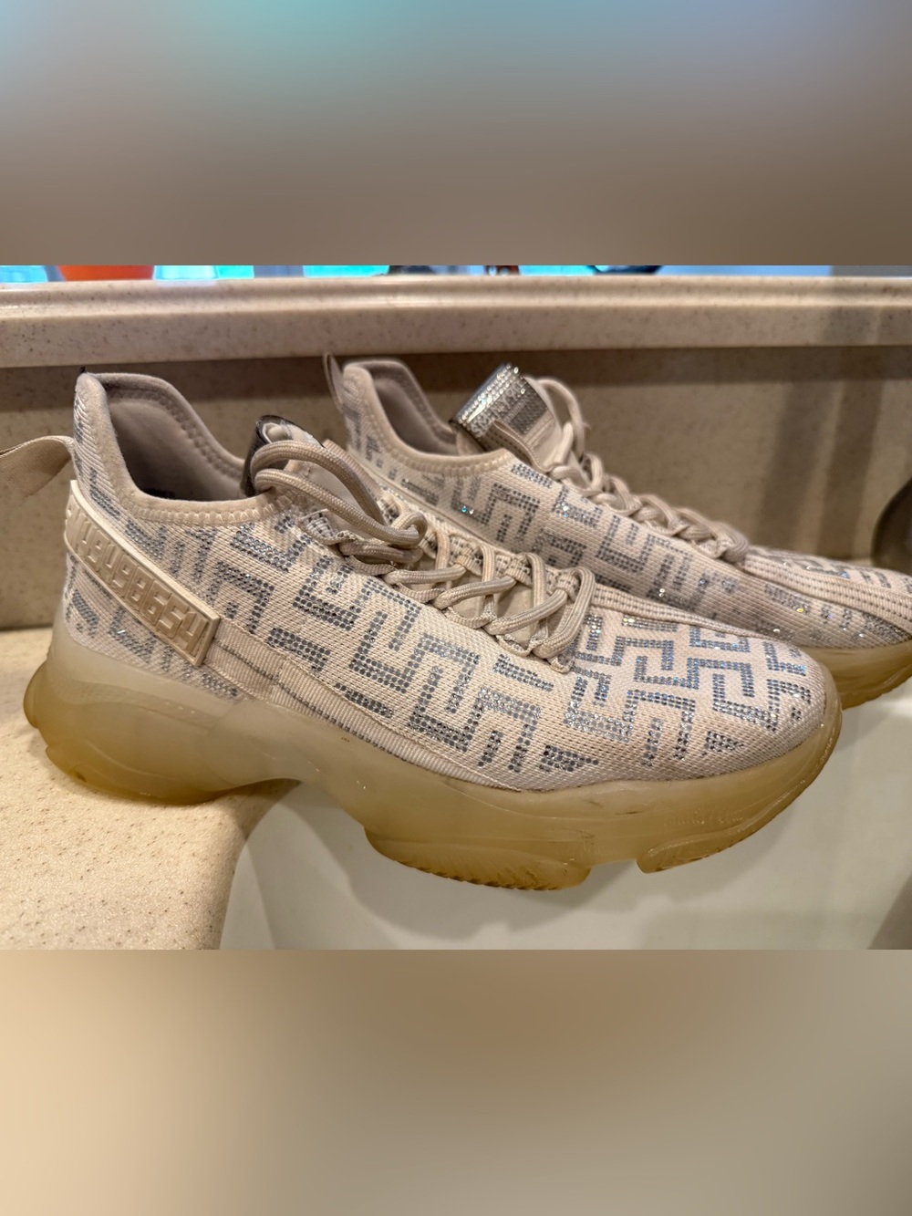 Women’s Beige Knit Fashion Sneakers with Glitter Pattern